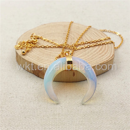 WT-N850 Wholesale Charm Opal Horn Necklace & Pendant,18" Gold Chain Horn Necklace Natural Opal Stone Design Horn Necklace