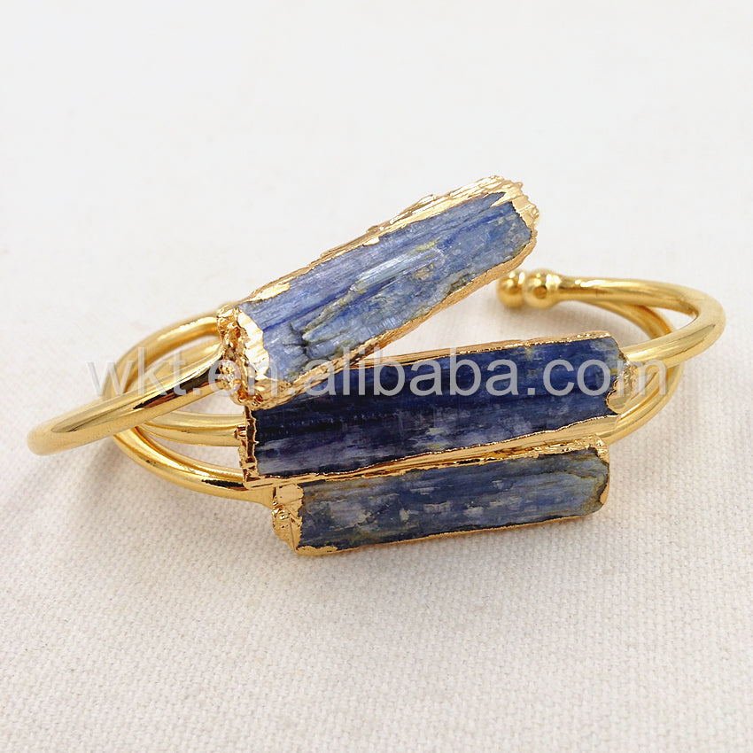 WT-B243 Beautiful Rough Blue Kyanite 24k Gold Plated Cuff Bangle, Natural Blue Kyanite Stone Cuff Bangle
