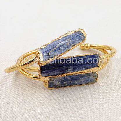 WT-B243 Beautiful Rough Blue Kyanite 24k Gold Plated Cuff Bangle, Natural Blue Kyanite Stone Cuff Bangle