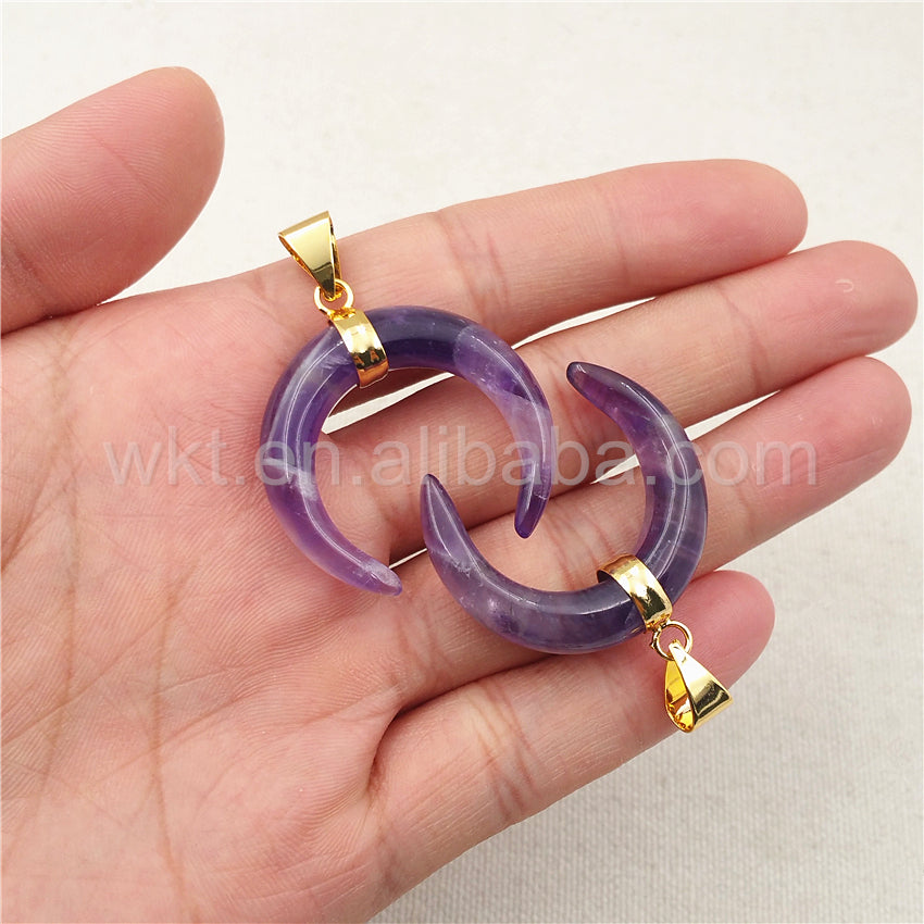 WT-P987 Wholesale Beautiful Amethyst Stone Pendant Fashion Crescent Moon Shape With Gold Plated Moon Stone Pendant
