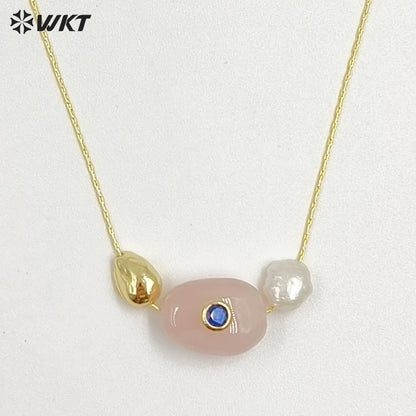 WT-N1541 Elegant Trendy Style Gold Electroplated Tiny Chain With Natural Gemstone And Pearl Pendant Necklace For Daily Wearing