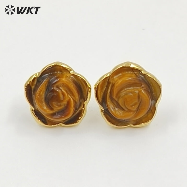 WT-E813 Exquisite Gold Plated Natural Gemstone Hand Carved Rose Flower Shape Little Earrings Studs For Lady Daily Jewelry