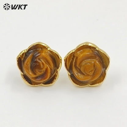 WT-E813 Exquisite Gold Plated Natural Gemstone Hand Carved Rose Flower Shape Little Earrings Studs For Lady Daily Jewelry