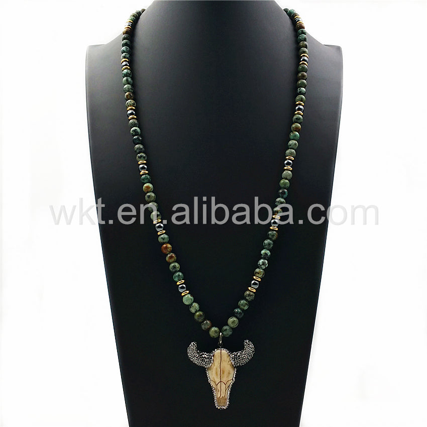 WT-N858 Wholesale 32" Beads Cattle Necklace Design Jewelry,8mm Africa Turquoise Beads Cattle Necklace Charm Rhinestone Paved