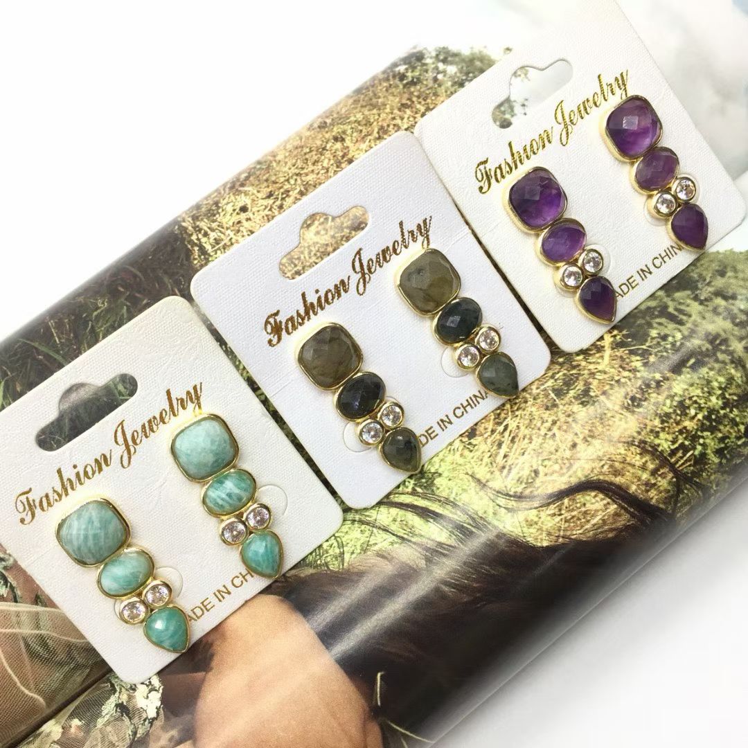 WT-E812 Newest Fashion Design Gold Plated Zircons And Three Natural Gemstones Drop Earrings As Lady Elegant Jewelry Gift