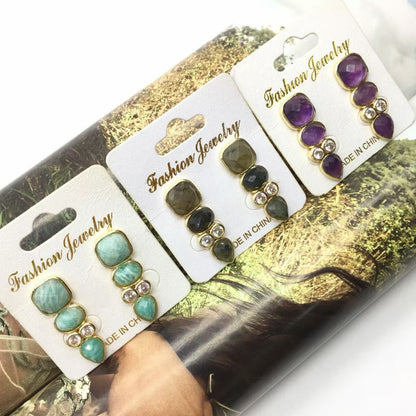 WT-E812 Newest Fashion Design Gold Plated Zircons And Three Natural Gemstones Drop Earrings As Lady Elegant Jewelry Gift