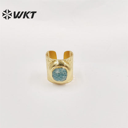 WT-R301 WKT New Design Fashion Gold Bezel 18k Real Gold Plated Natural Gemstone Ring Women Cocktail Finger Birthday Stone Ring