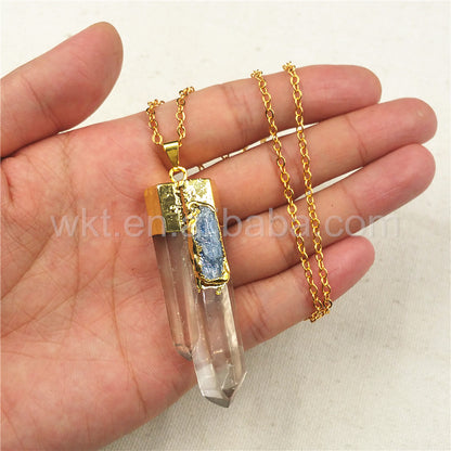 WT-N766 Newest Fashion Natural Clear Crystal Quartz Point With Blue Kyanite Charm Pendant Necklace