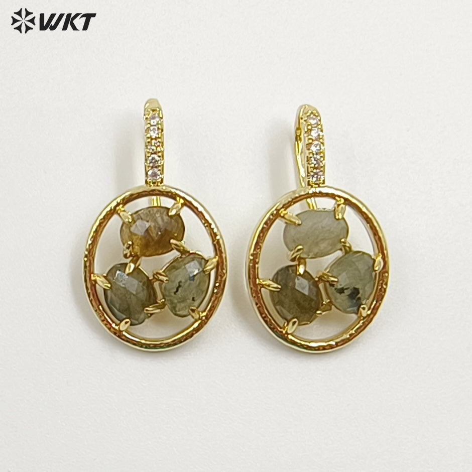WT-E795 Delicate 18K Gold Plated Three Natural Gemstones With Zircon Hollow Round Earrings For Friend Birthday Gift Jewelry