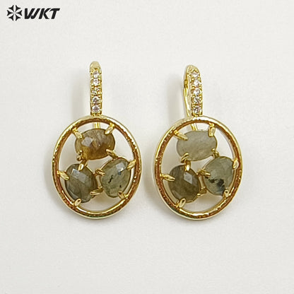 WT-E795 Delicate 18K Gold Plated Three Natural Gemstones With Zircon Hollow Round Earrings For Friend Birthday Gift Jewelry