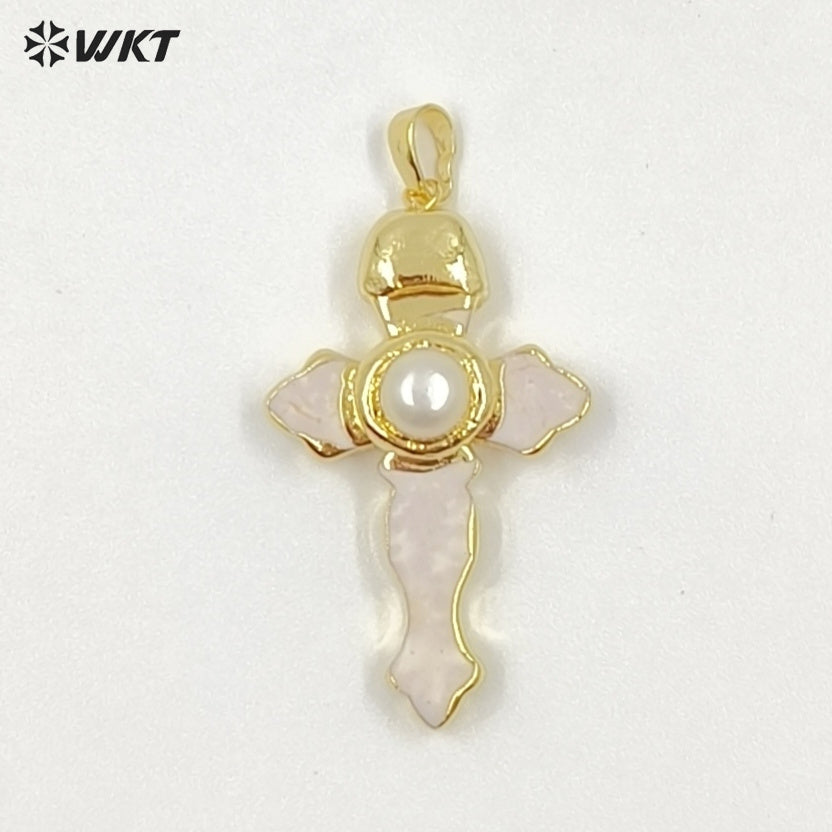 WT-P2092 New Arrival Gold Plated Multi Colors Natural Turquoise Stone And Pearl Cross Charm Pendants As Lady Jewelry Accessory