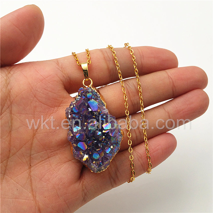 WT-N832 Amazing Natural Amethyst Cluster With Flame Angel Color Charm Necklace,Lovely Amethyst With Gold Plated Charm Necklace