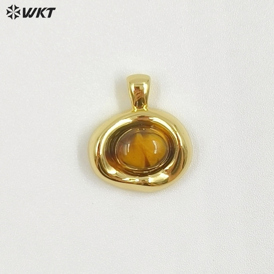 WT-P2030 High Quality 18K Gold Electroplated Tiger Eye Natural Gemstones Cute Little Round Pendant For Earrings Necklace DIY