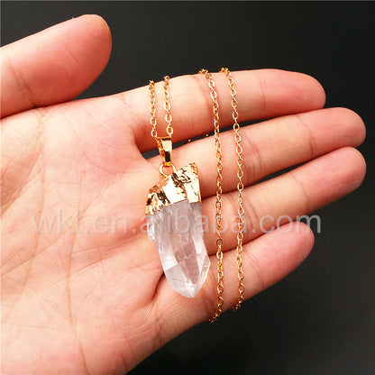 WT-N828 Beautiful Natural Crystal Quartz Point Necklace in Randomly,Fashion 24k Real Gold Dipped Crystal Quartz Point Necklace