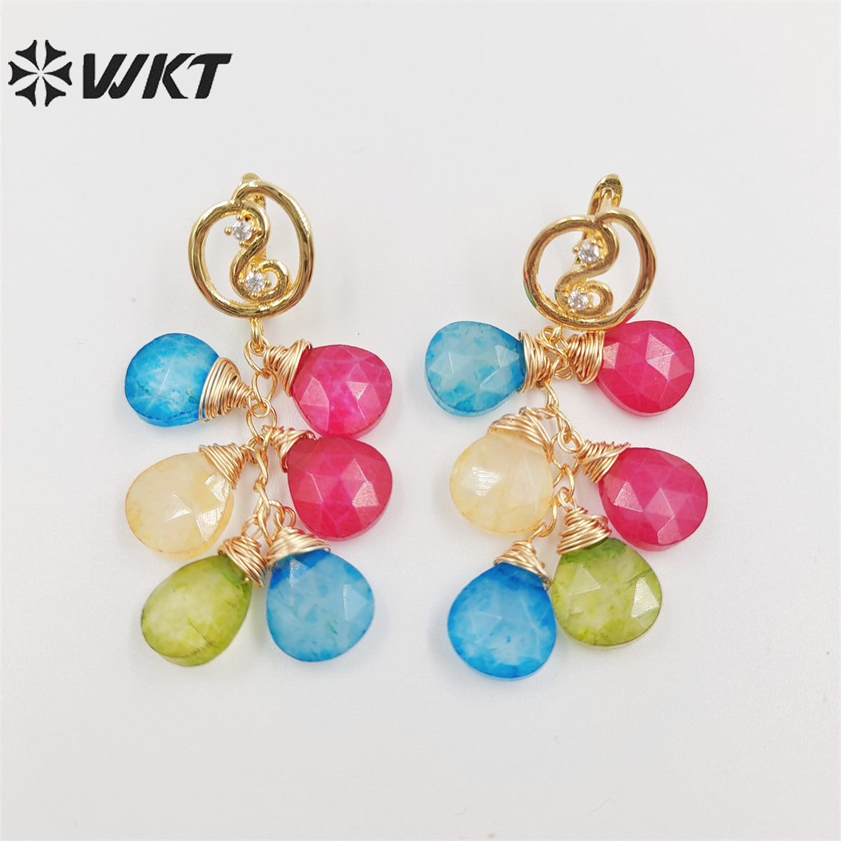 WKT-E672 Amazing Handmade Fashion Wire Wrapped Water Drop Natural Chalcedony Stone Dangle Earrings Charming Women Jade Earrings