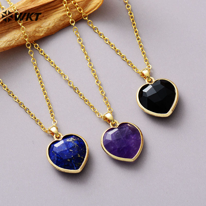 WT-N1486 Exquisite Gemstones Women Jewelry Heart Shape Amethyst Stone Necklace Gold Plated 18 Inches Chain Resist Tarnishable