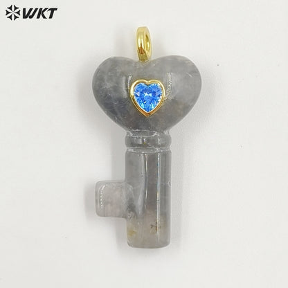 WT-P2057 New Fashion Heart Shape Colorful Zircon And Natural Gemstones Carved Key Pendants For Friend Lovely Gift Making