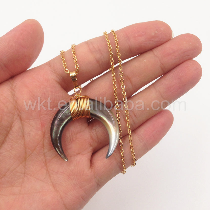 WT-N749 Big Amazing Natural Crescent Shell Necklace Handmade Wire Wrapped Gold Half Moon Crescent Shell Necklace