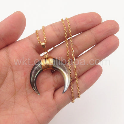 WT-N749 Big Amazing Natural Crescent Shell Necklace Handmade Wire Wrapped Gold Half Moon Crescent Shell Necklace