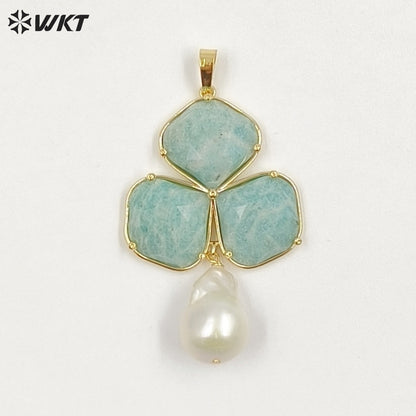 WT-JP506 Newest Wonderful 18K Gold Plated Three Natural Gemstones And Pearl Pendant For Female Earrings Jewelry Making