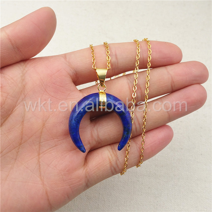 WT-N852 Newest Blue Lapis Stone Horn Necklace with 18" Gold Plated in High Quality Natural Stone Lapis Horn Necklace Wholesale