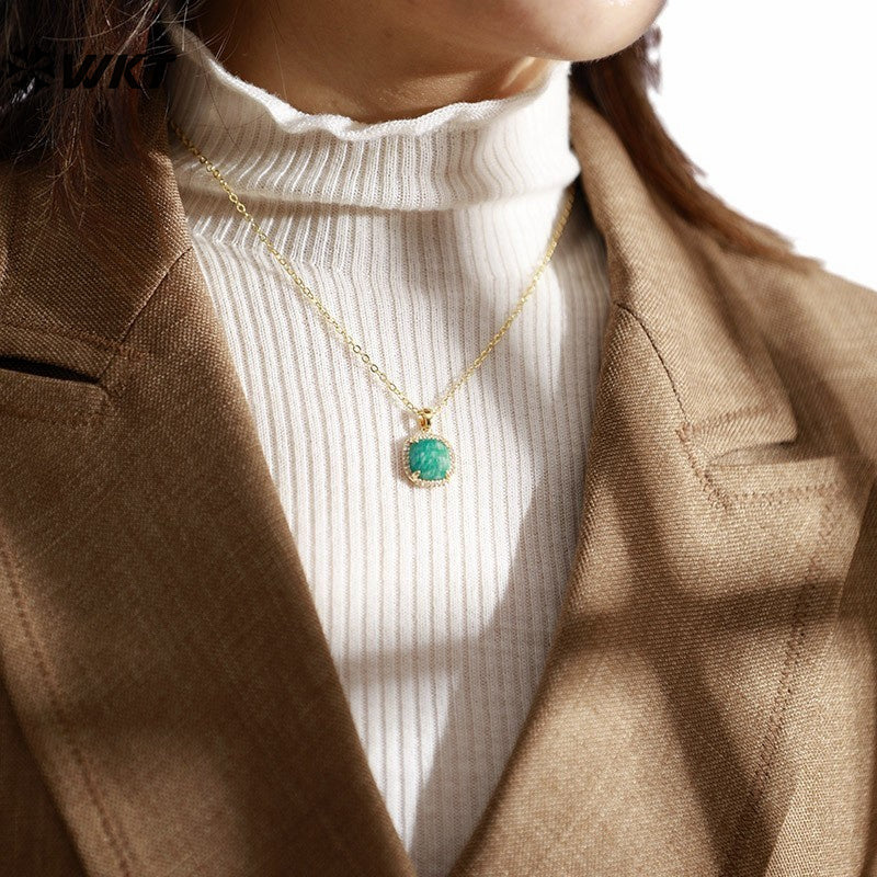 WT-N1488 Fashion Lady Square Micro Pave Setting Natural Amethyst Amazonite Lapis Charm Necklace in 18K Gold Plated