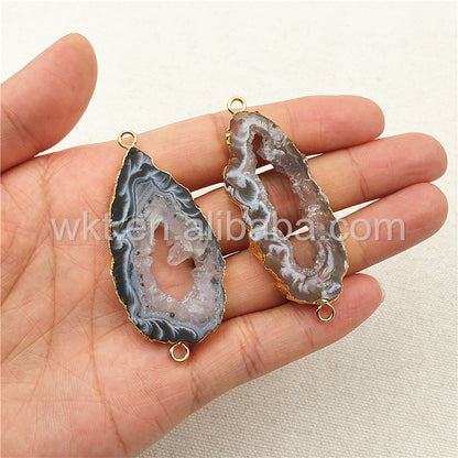 WT-C174 Unique Natural Druzy Geode Agate Connector,High Quality 24k Real Gold Plated Edge Randomly Agate Connector for Necklace