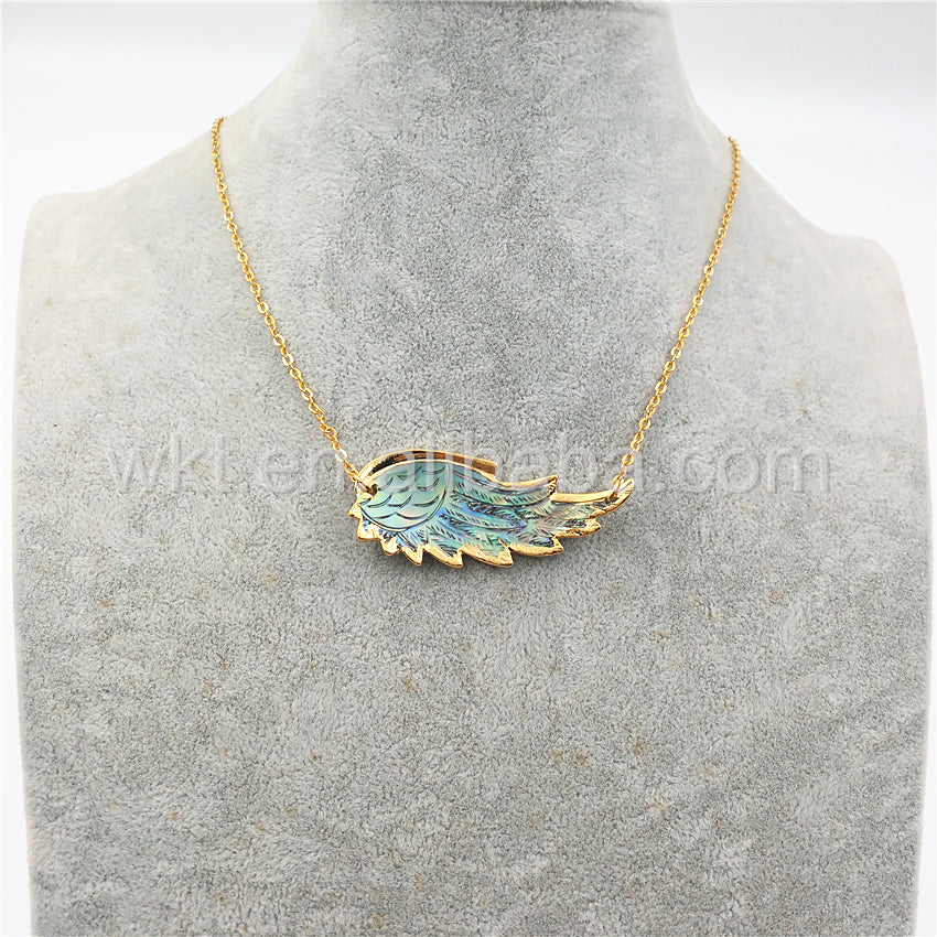 WT-N785 New Wholesale Genuine Shell Carved Feather Necklace, Fashion Gold Plated Double Loops Shell Feather Necklace