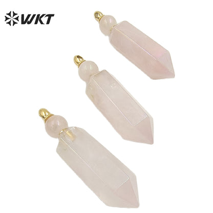 WT-P1788 Delicate Texture Natural Stone Rose Quartz With Aura Hexagonal Prism Pendant Elegant for Women Gifts Quartz Pendant