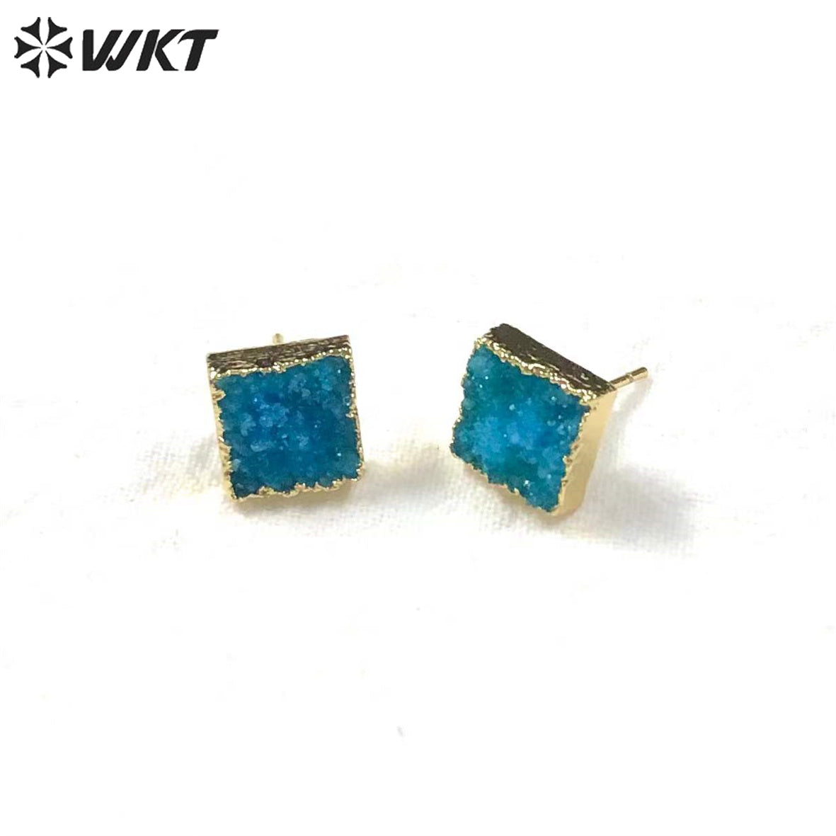 WT-E274 Wholesale Fashion Gold Plated Colorful Druzy Quartz Studs Earrings Natural Women 10mm square Stone Studs