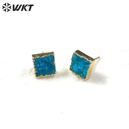 WT-E274 Wholesale Fashion Gold Plated Colorful Druzy Quartz Studs Earrings Natural Women 10mm square Stone Studs