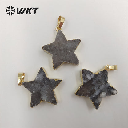 WT-P1828 Wholesale Fashion Gold Trim Natural Druzy Quartrz Stone Star Pendant with Aura Brightly Crystal Quartz Aura Star Stone