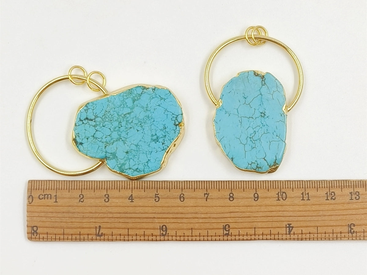 WT-P1372 Vintage Design Sky Blue Natural Stone With Half Circle and Double Tiny Loops Gold Trim Pendant for Jewelry Making