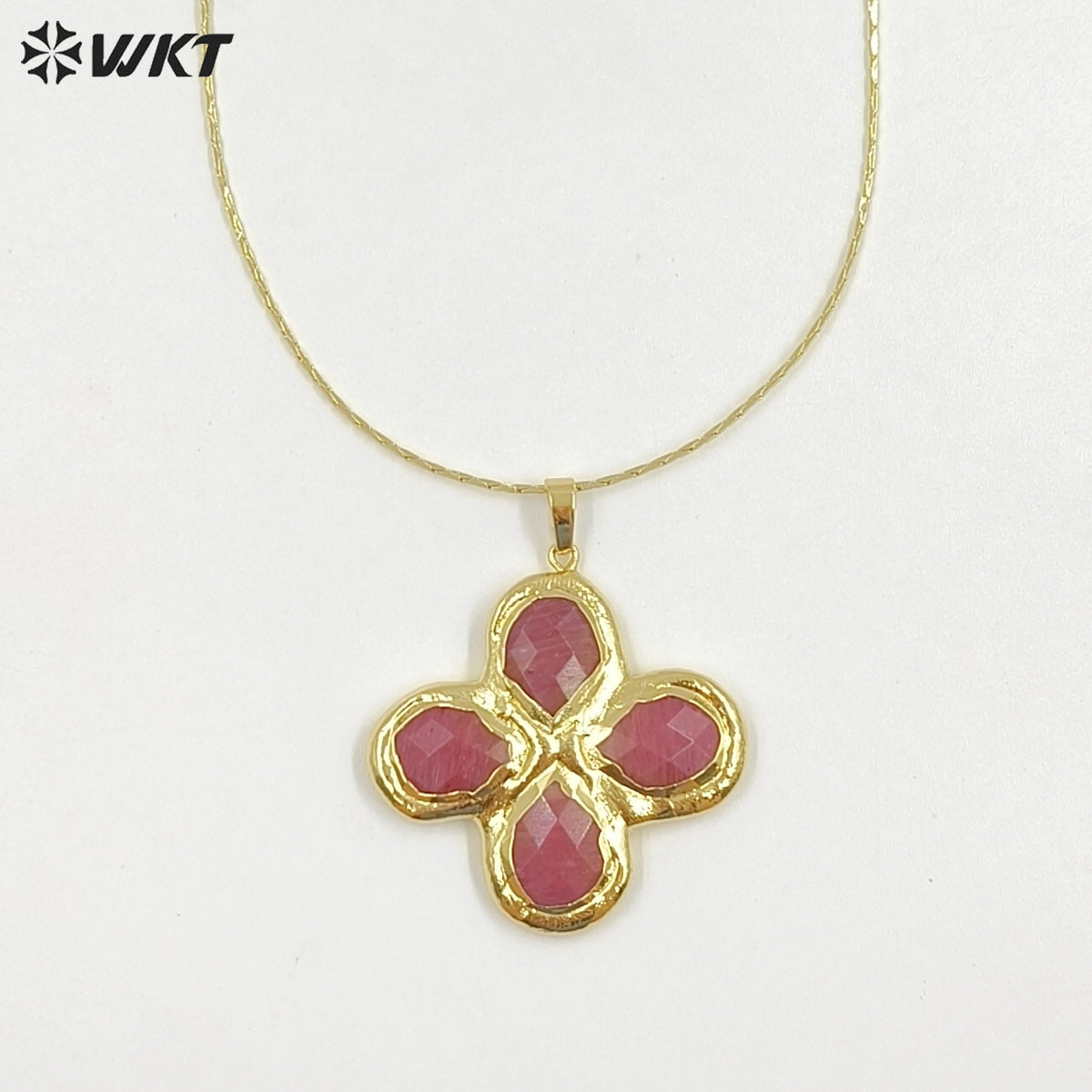 WT-N1542 Popular Fashion Gold Plated Thin Chain With Natural Gemstone Four Leaf Clover Pendant Necklace For Lady Birthday Gift