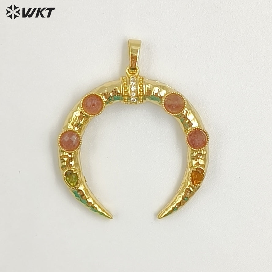 WT-P2050 Delicate 18K Gold Plated Zircon And Lapis Multi Gemstones Horn Shape Pendants For Women DIY Jewelry Accessories