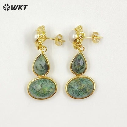 WT-E824 Exclusive Natural Pearl And Double Gemstones Gold Plated Women Earrings For Friends Vintage Beautiful Jewelry Gifts