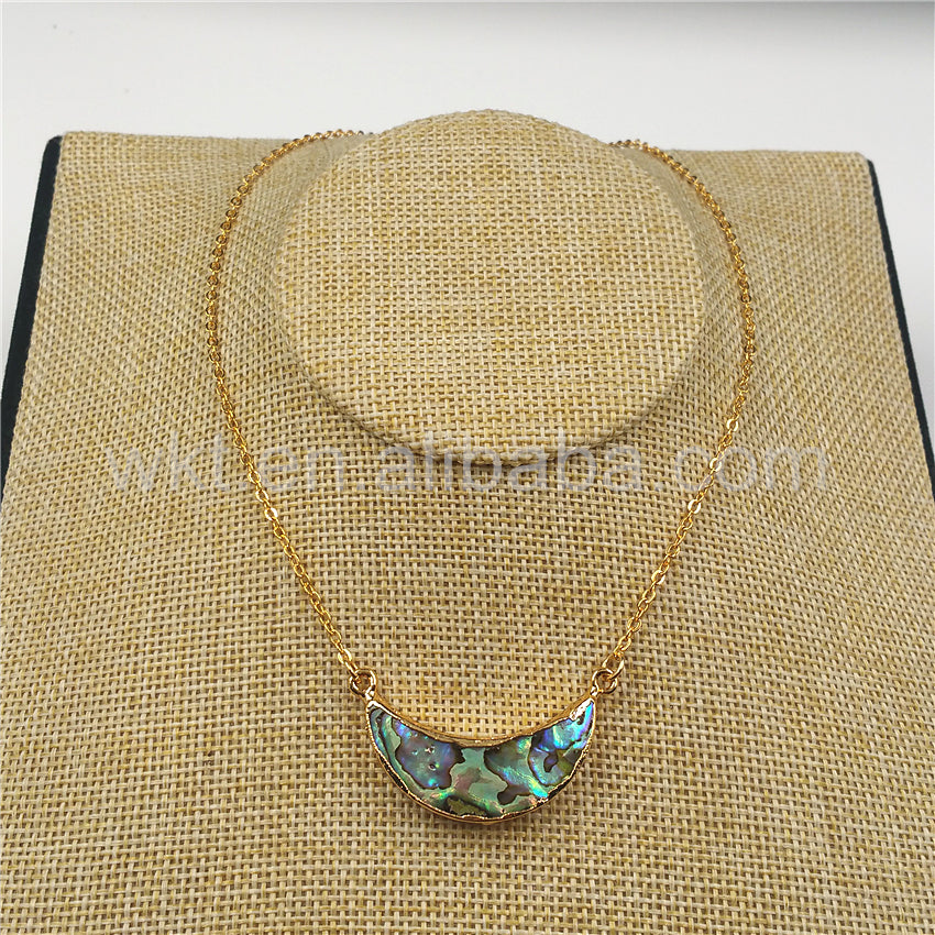 WT-N770 Newest Natural Gold Plated Abalone Crescent Moon Necklace, Hot Fashion Double Loops Abalone Crescent Moon Necklace