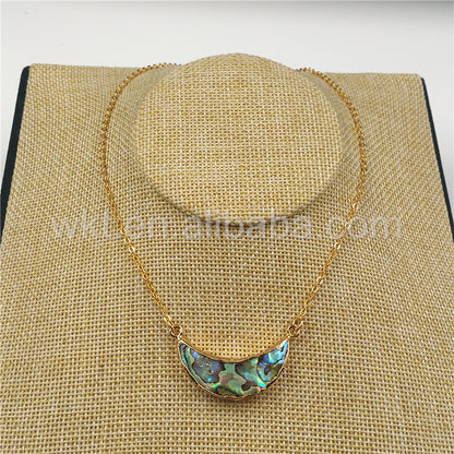 WT-N770 Newest Natural Gold Plated Abalone Crescent Moon Necklace, Hot Fashion Double Loops Abalone Crescent Moon Necklace