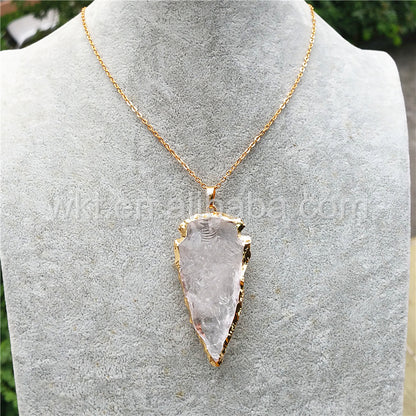 WT-N791Wholesale Big Size 2 Inch Long Hammer Raw Crystal Quartz Arrowhead Necklace with 24k Real Gold Plated