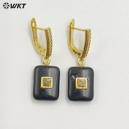 WT-E796 Top Quality Gold Plated Natural Multi Colors Gemstones With Zircon Rectangle Pendant Earrings For Lady Daily Wearing