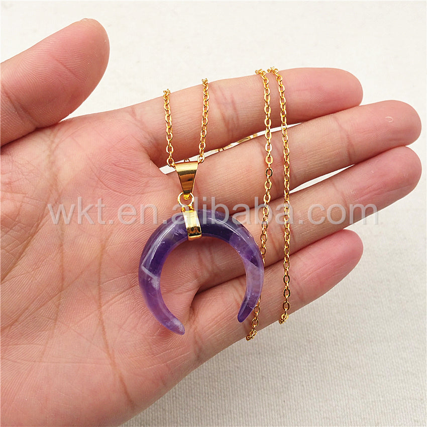 WT-N851 All-match Amethyst Horn Necklace ,Women Stone Horn Necklace & Pendant Purple Amethyst with Gold Chain Horn Necklace