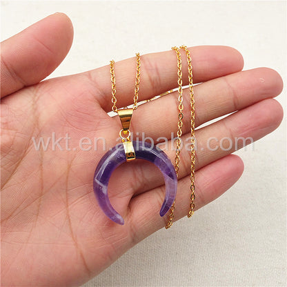 WT-N851 All-match Amethyst Horn Necklace ,Women Stone Horn Necklace & Pendant Purple Amethyst with Gold Chain Horn Necklace