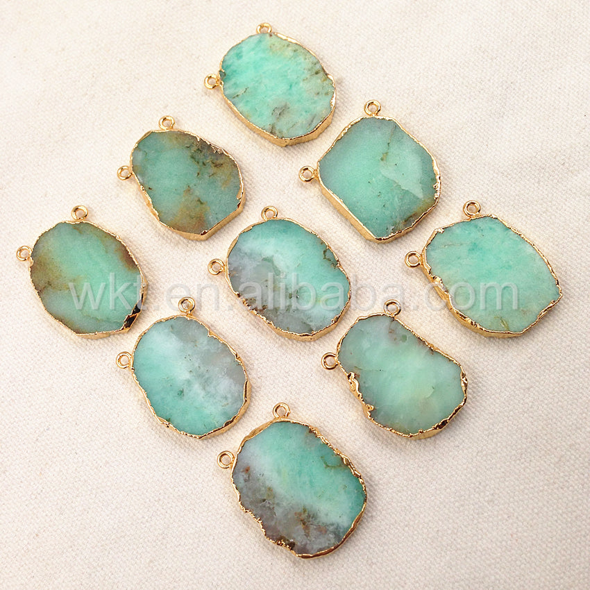 WT-P849 New Natural Slice Australia Chrysoprase Stone Pendant with Gold Edged