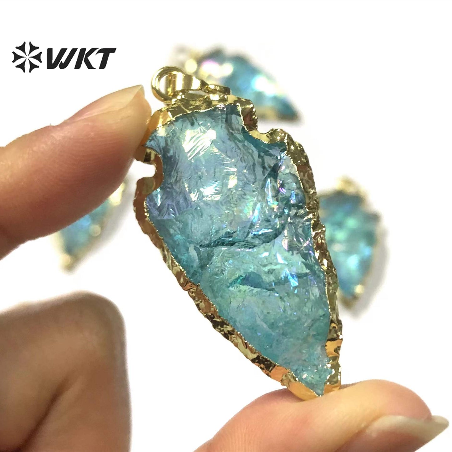 WT-P1776 WKT Original Design Natural Aqua Raw Crystal Quartz Pendants Arrowhead Blue Crystal Pendant Aqua Quartz Pendant