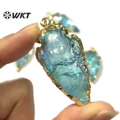 WT-P1776 WKT Original Design Natural Aqua Raw Crystal Quartz Pendants Arrowhead Blue Crystal Pendant Aqua Quartz Pendant