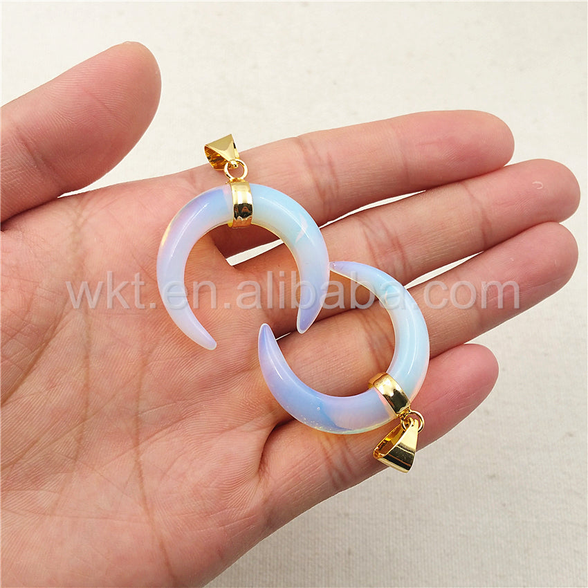 WT-P986 Amazing Natural Crescent Opal Pendant,Beautiful 10*35mm Raw Opal Stone Pendant With 24k Real Gold Plated Loop