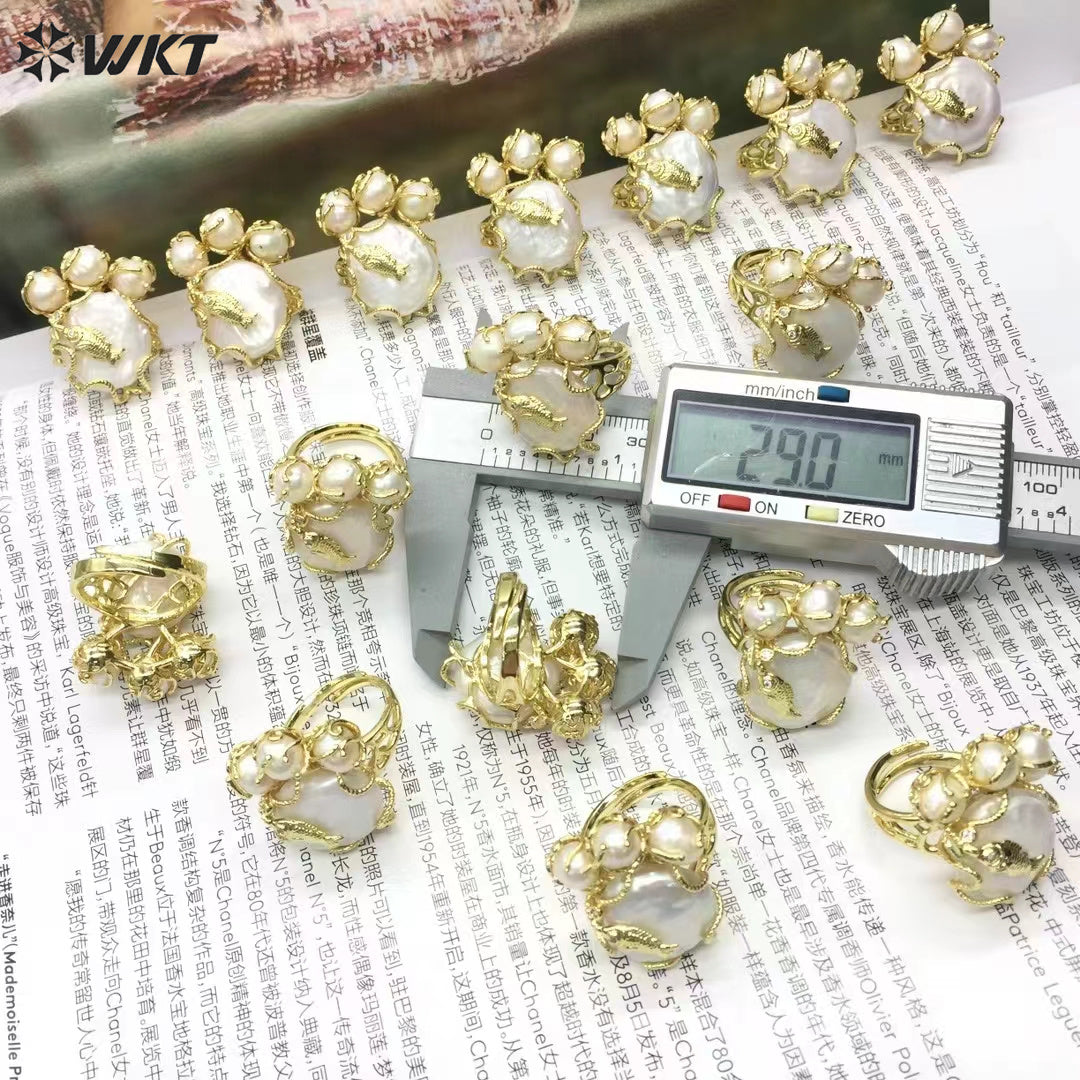 WT-MPR096 New Design 18K Real Gold Plated Resist Tarnishable Natural Freshwater Pearl Claw Setting With Fish Women Ring
