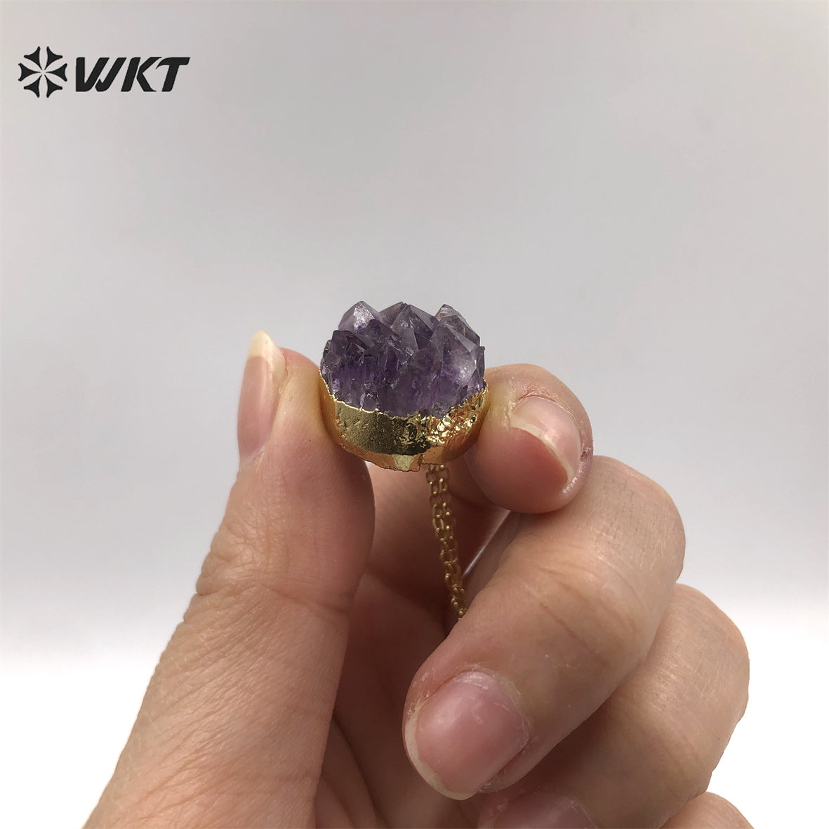 WT-N348 Wholesale Natural Round Druzy Amethyst Necklace, Hot Tiny Raw Amethyst Necklace With Gold Dipped