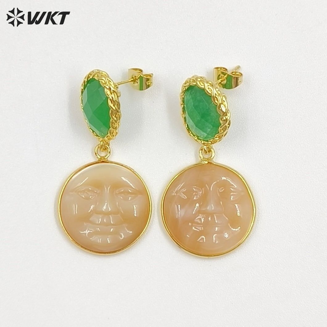 WT-MPE192 Unique Style Gold Plated Natural Jade And Shell Carved Face Shape Pendant Earrings For Female Special Party Gift