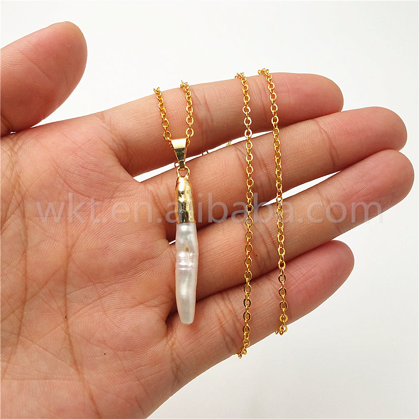 WT-N830 5*30mm New Wholesale Elegant Long Pearl Stick Pendant Necklace, Natural Pearl With Gold Plated Pendant Necklace